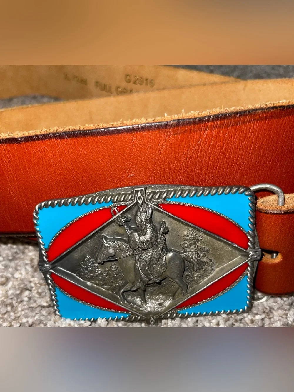 Vintage Pewter Native American belt buckle red turquoise + brown leather belt XL